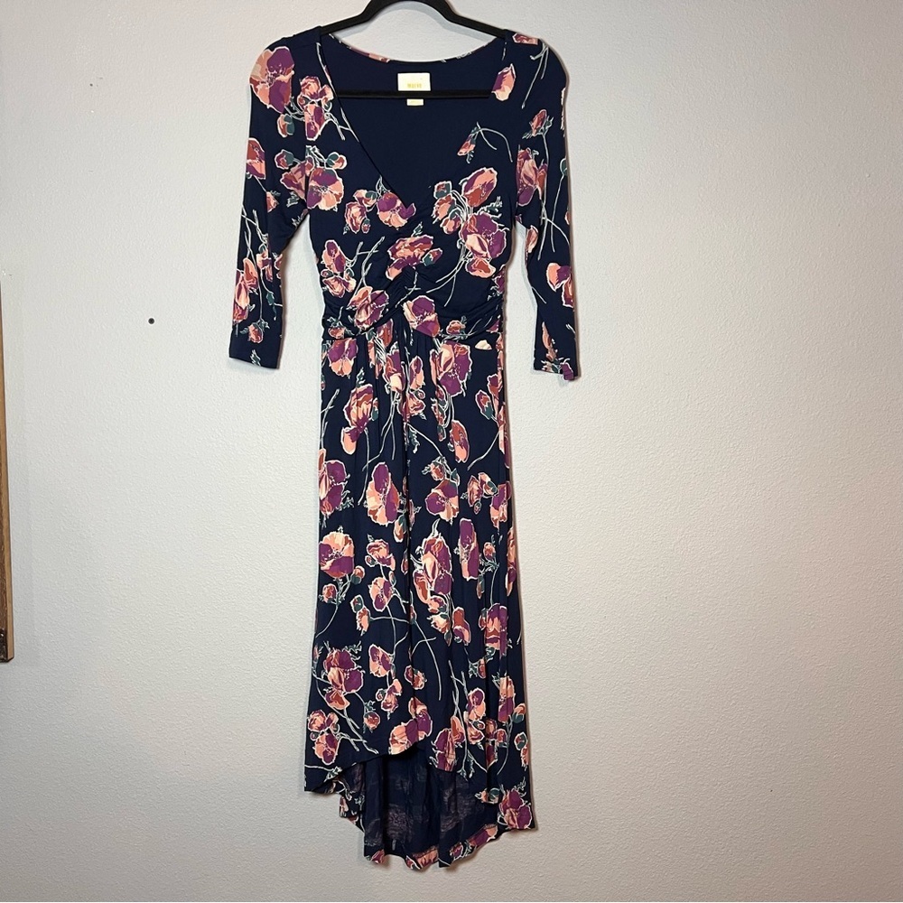 Anthropologie Maeve Midi Dress Floral Heppel Blue Purple Ruched Size Small - Picture 5 of 16
